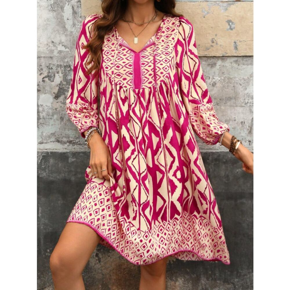 Boho V-Neck Mini Dress in Fuchsia and Cream